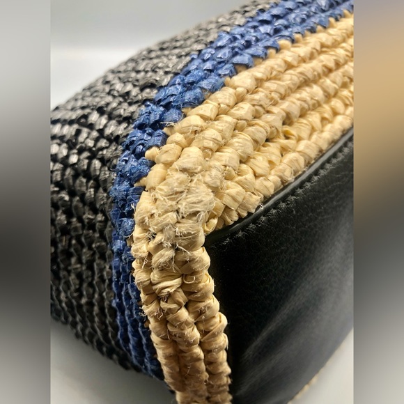 Tory Burch Marion Raffia Straw Tote Blue Black Stripes Leather Trimmed + Wallet - Picture 12 of 16